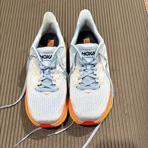Hoka Light Blue and Orange Clifton Running Shoes